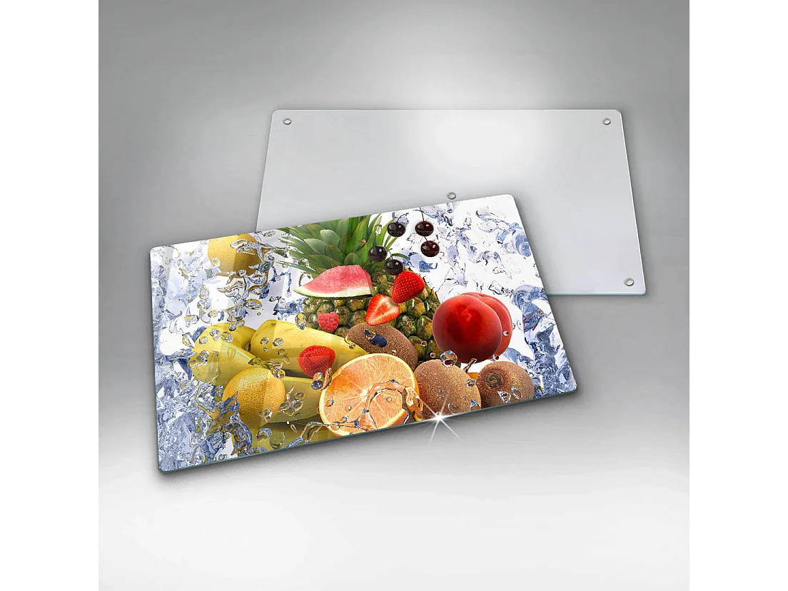 Rechteckiges Küchenbrett aus Glas, 52x30 cm Saftige Früchte und Wasser