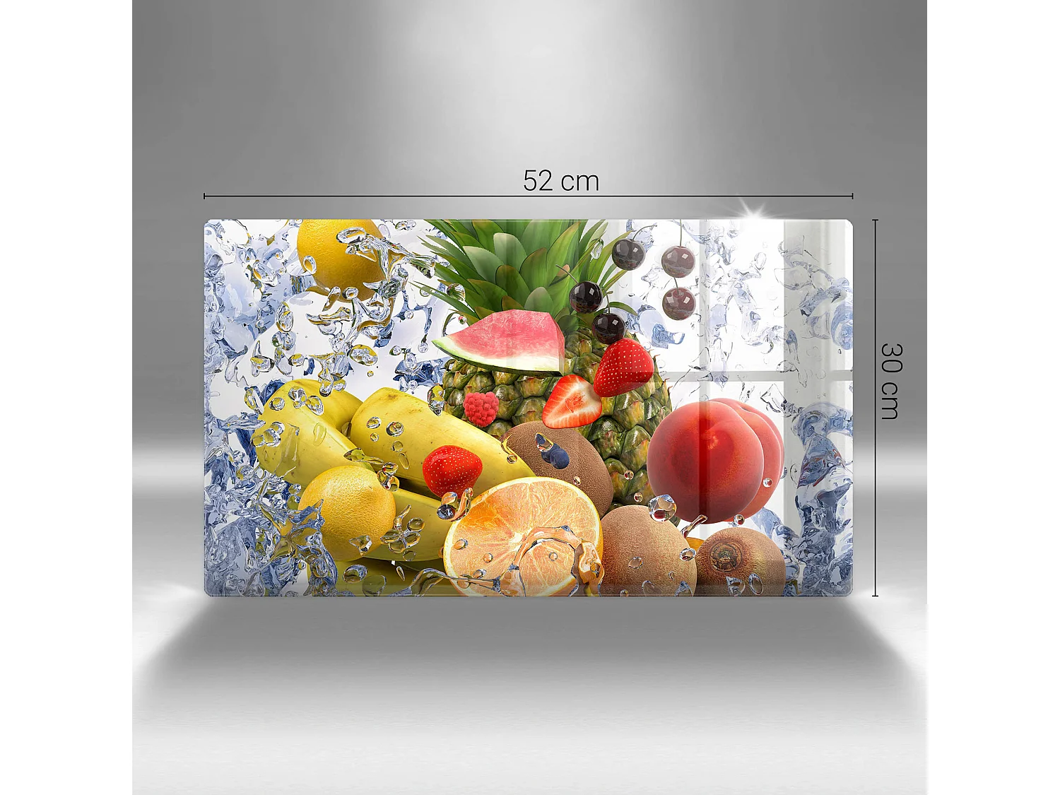 Rechteckiges Küchenbrett aus Glas, 52x30 cm Saftige Früchte und Wasser