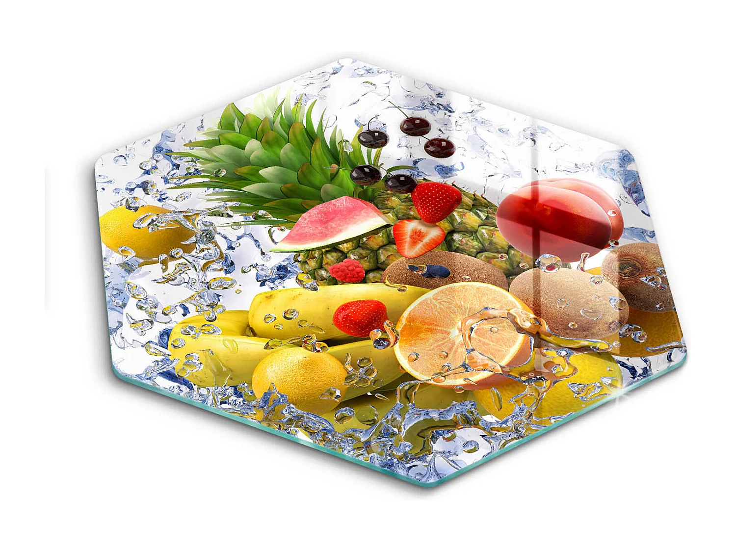 Planche de cuisine hexagonale en verre, 40 cm Fruits juteux et eau