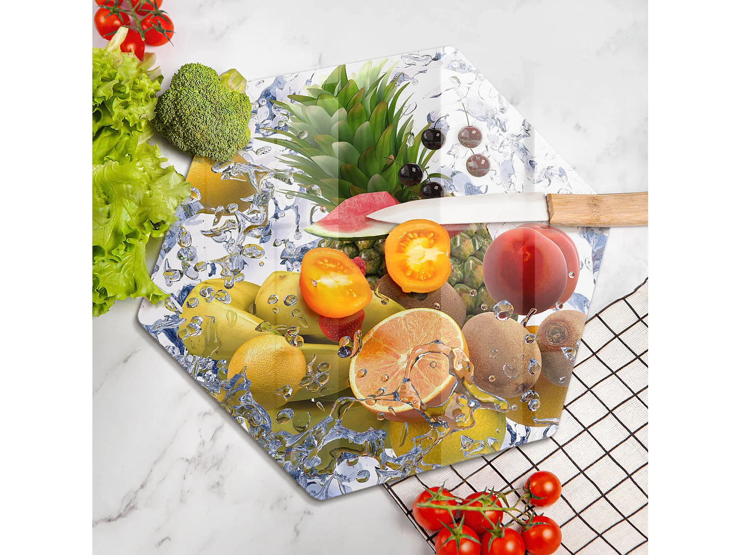 Planche de cuisine hexagonale en verre, 40 cm Fruits juteux et eau