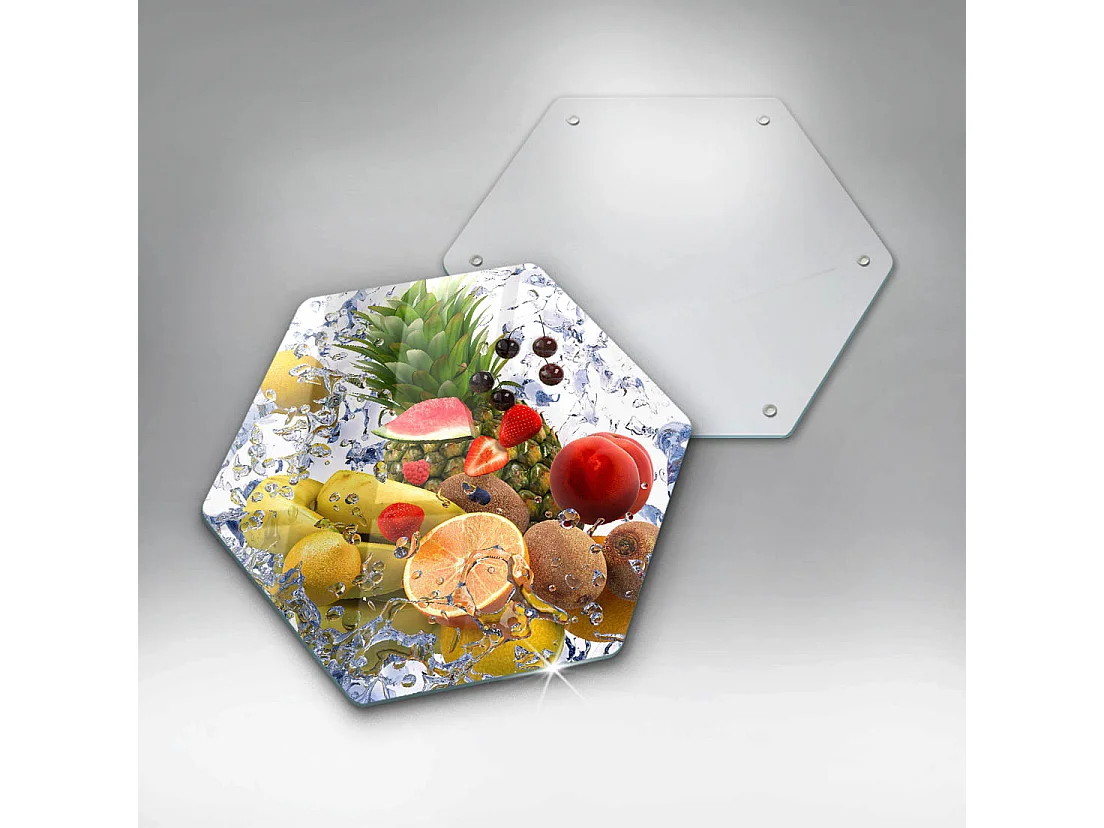 Planche de cuisine hexagonale en verre, 40 cm Fruits juteux et eau