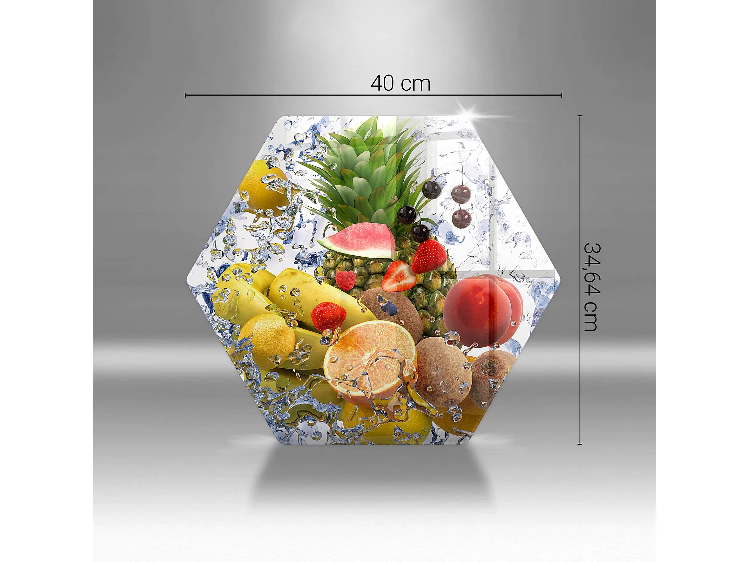 Planche de cuisine hexagonale en verre, 40 cm Fruits juteux et eau