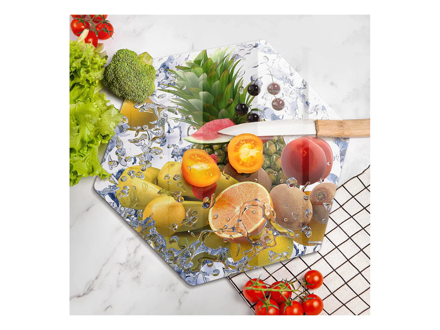 Planche de cuisine hexagonale en verre, 40 cm Fruits juteux et eau
