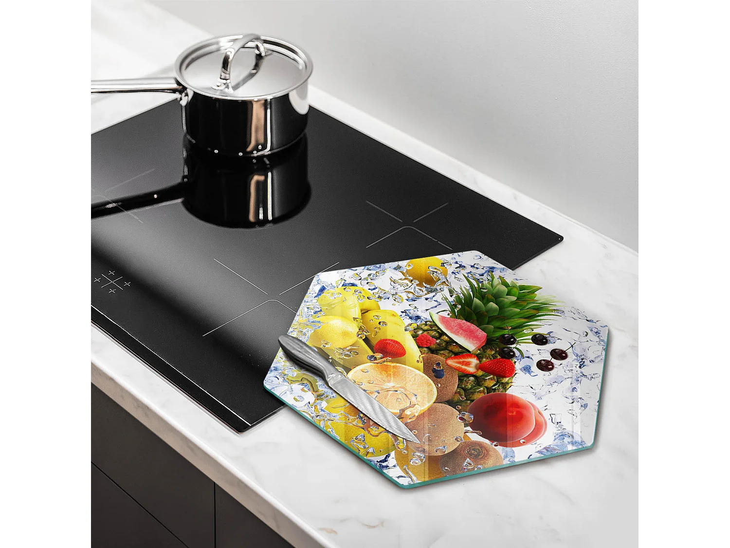 Sechseckiges Küchenbrett aus Glas, 40 cm Saftige Früchte und Wasser