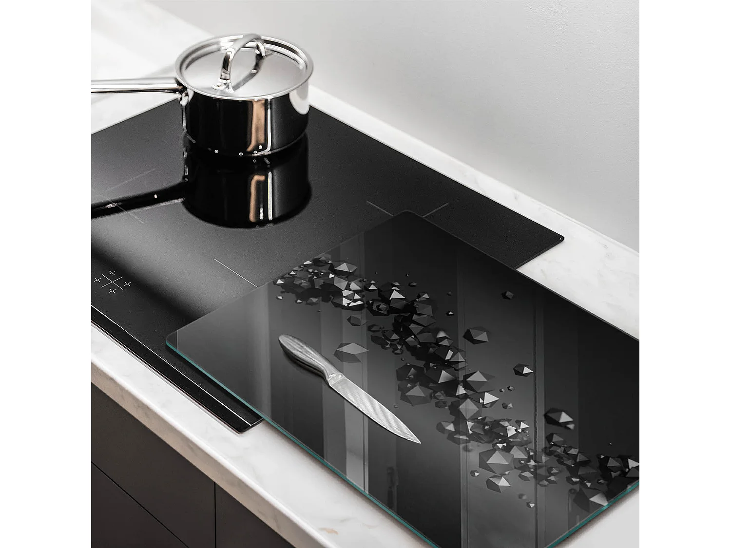 Planche de cuisine rectangulaire en verre, 40x52 cm Abstraction de formes 3D.