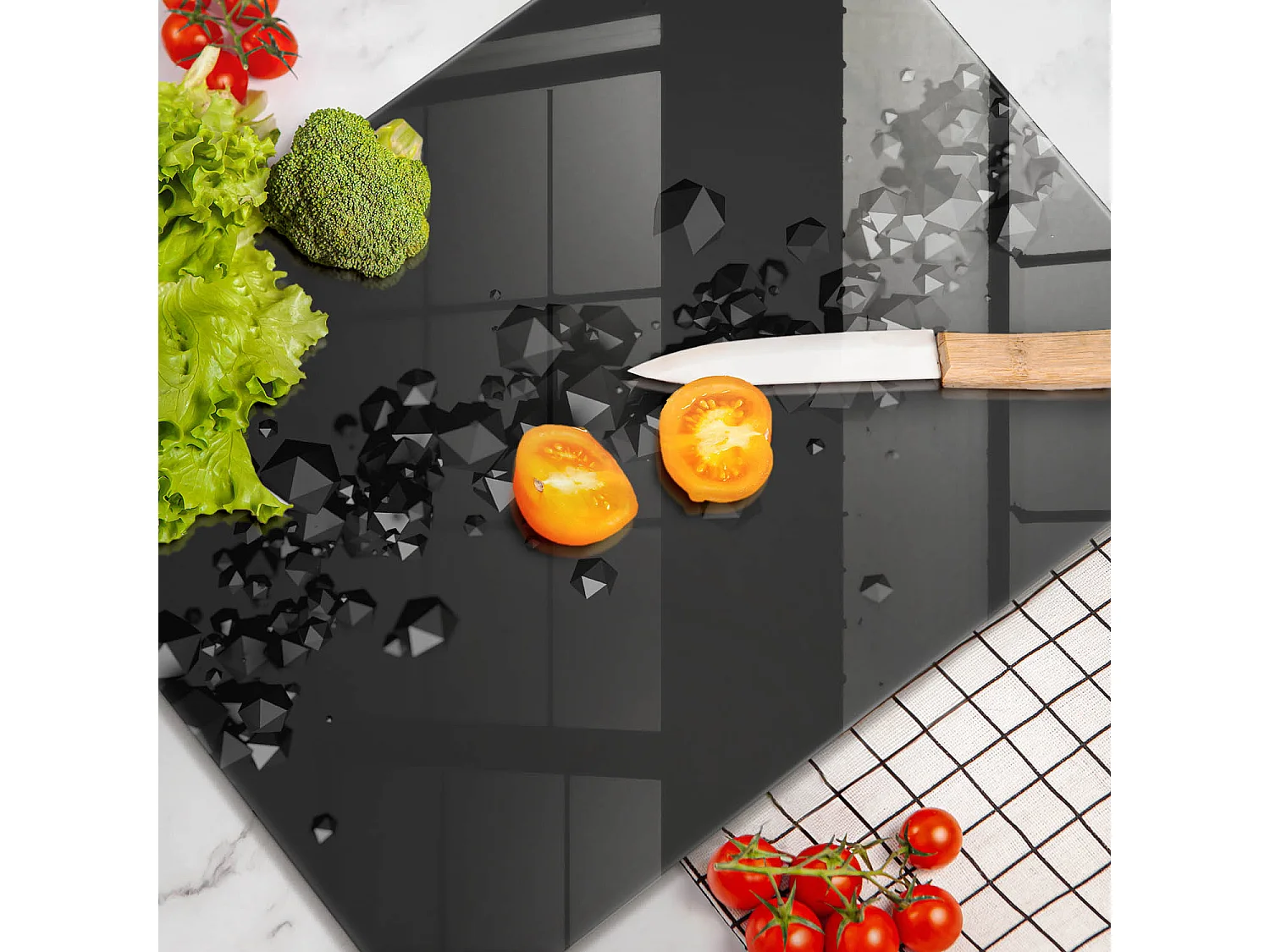 Planche de cuisine rectangulaire en verre, 40x52 cm Abstraction de formes 3D.
