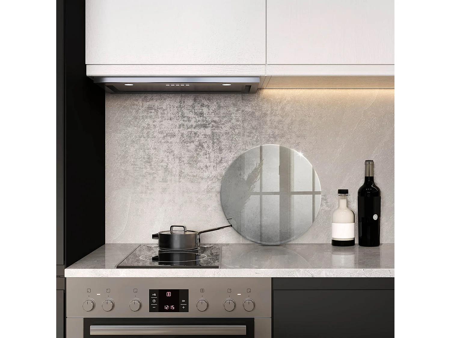 Rundes Küchenbrett aus Glas, 40 cm, Hintergrund mit Betonstruktur