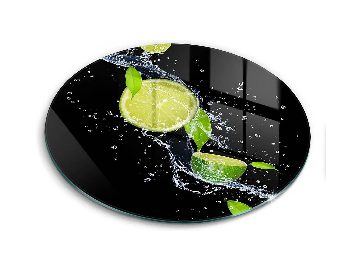 Planche de cuisine ronde en verre, 40 cm Citrons verts juteux dans l'eau
