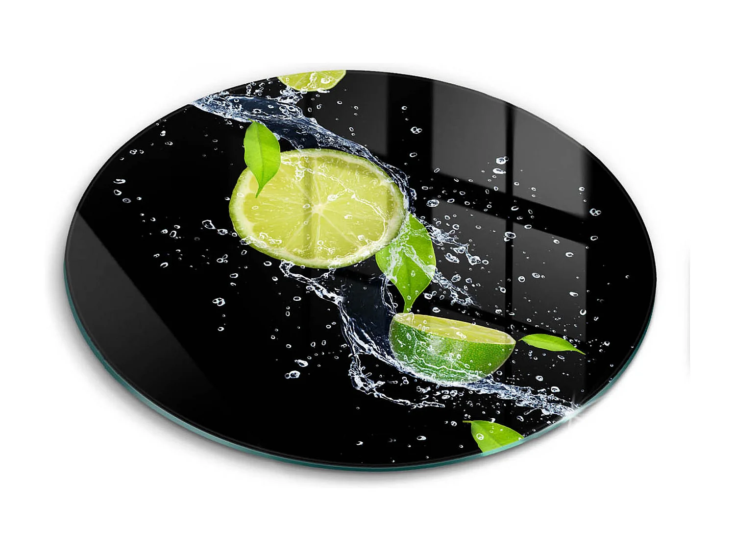 Rundes Küchenbrett aus Glas, 40 cm Saftige Limetten in Wasser