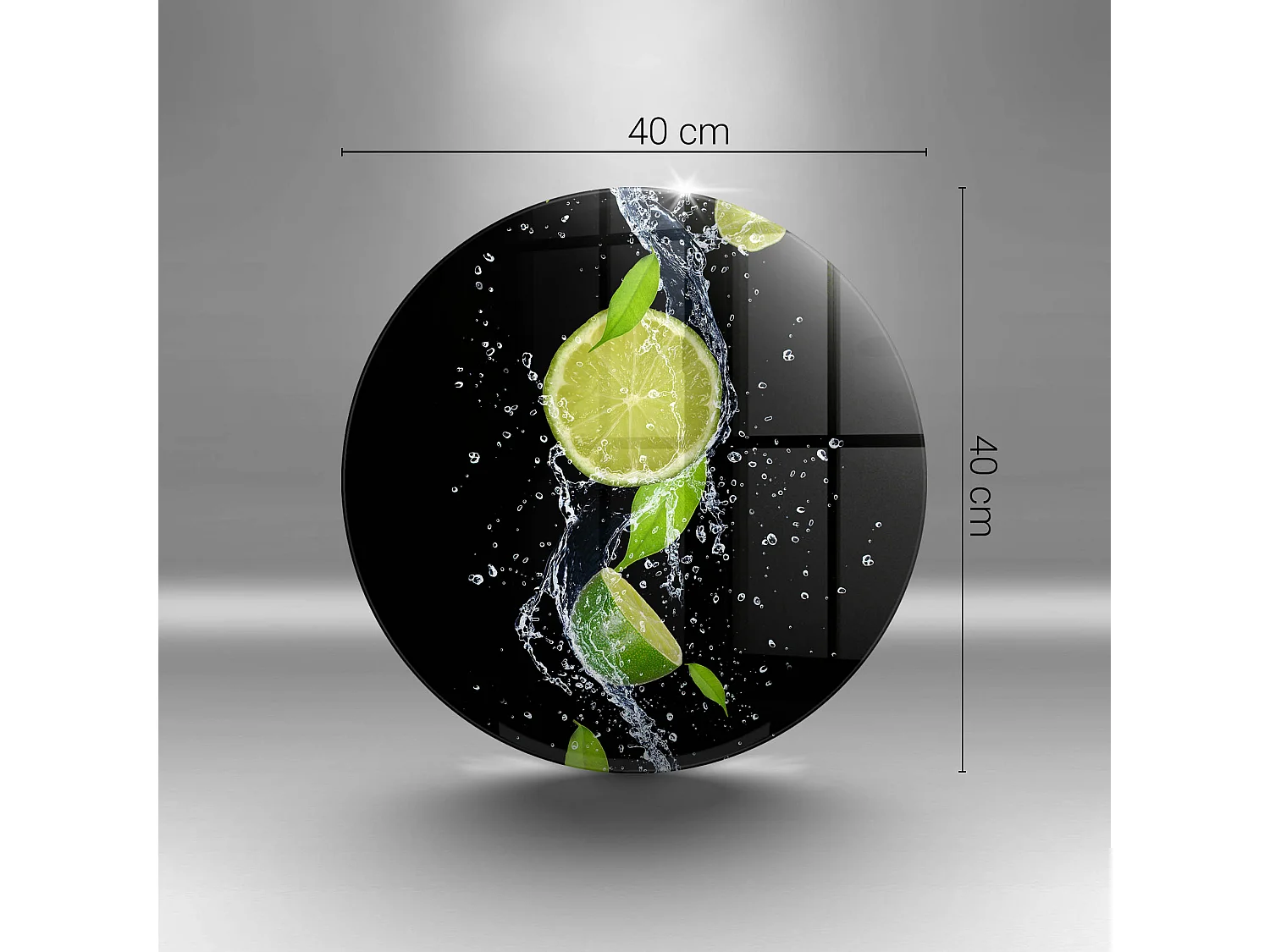 Rundes Küchenbrett aus Glas, 40 cm Saftige Limetten in Wasser