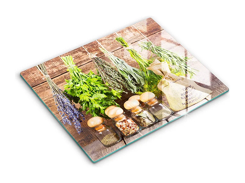 Rechteckiges Küchenbrett aus Glas, 52x40 cm Kräuter, Gewürze und Holz