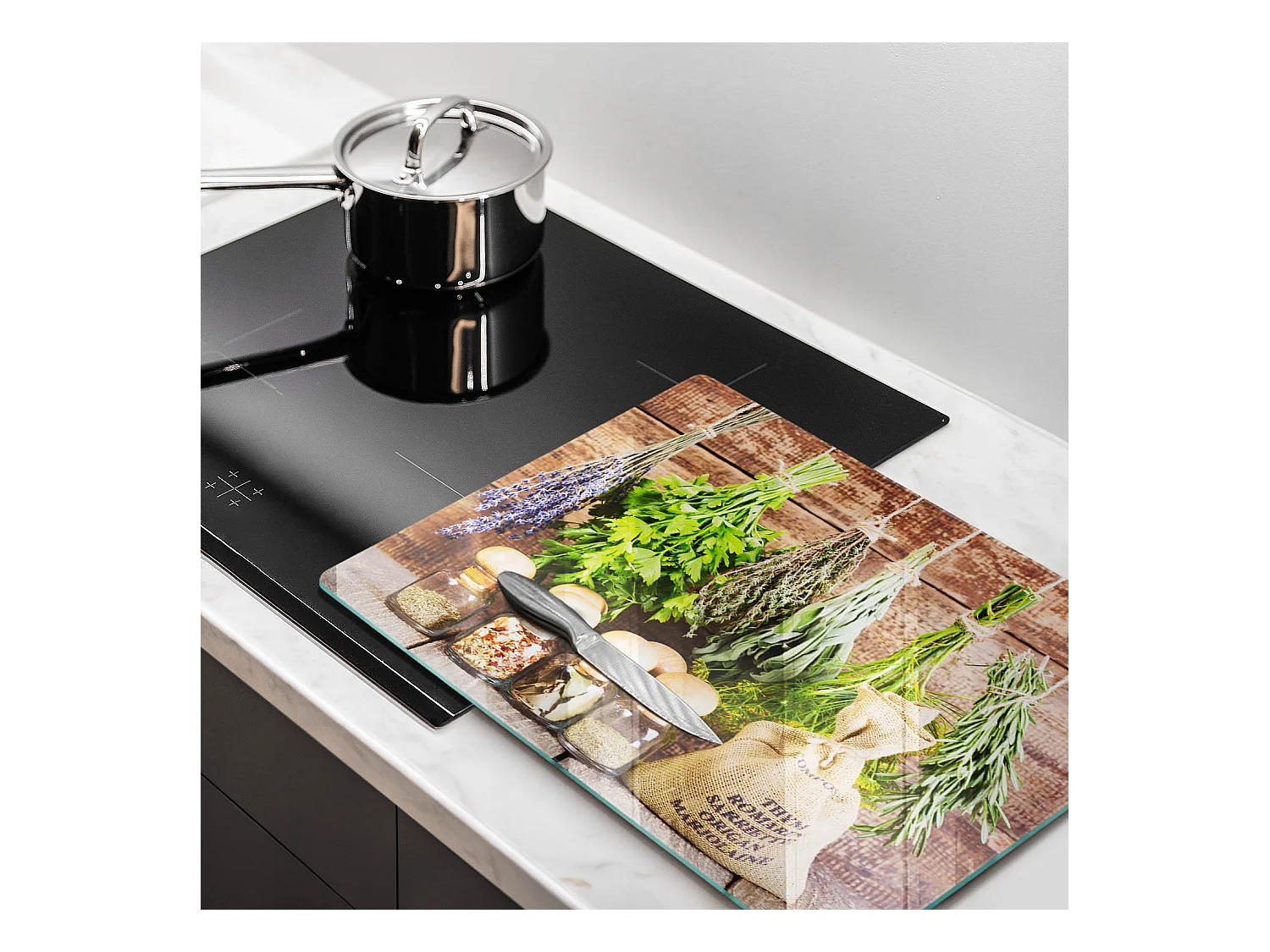 Rechteckiges Küchenbrett aus Glas, 52x40 cm Kräuter, Gewürze und Holz