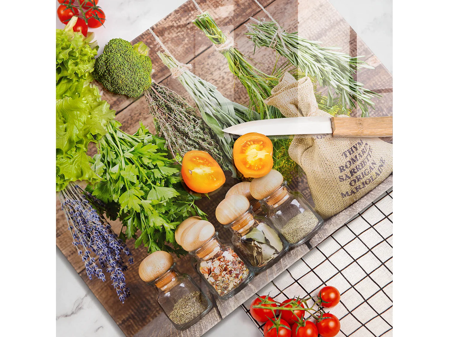 Rechteckiges Küchenbrett aus Glas, 52x40 cm Kräuter, Gewürze und Holz