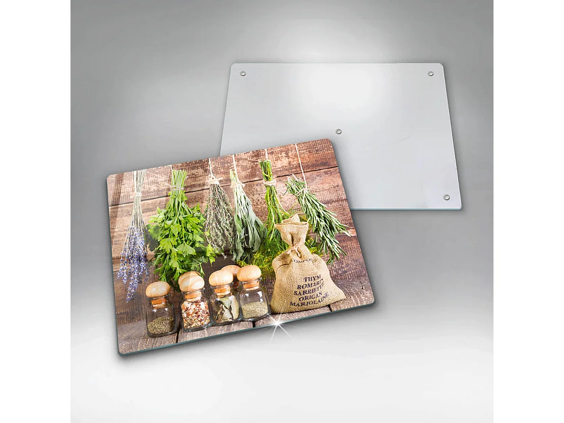 Rechteckiges Küchenbrett aus Glas, 52x40 cm Kräuter, Gewürze und Holz