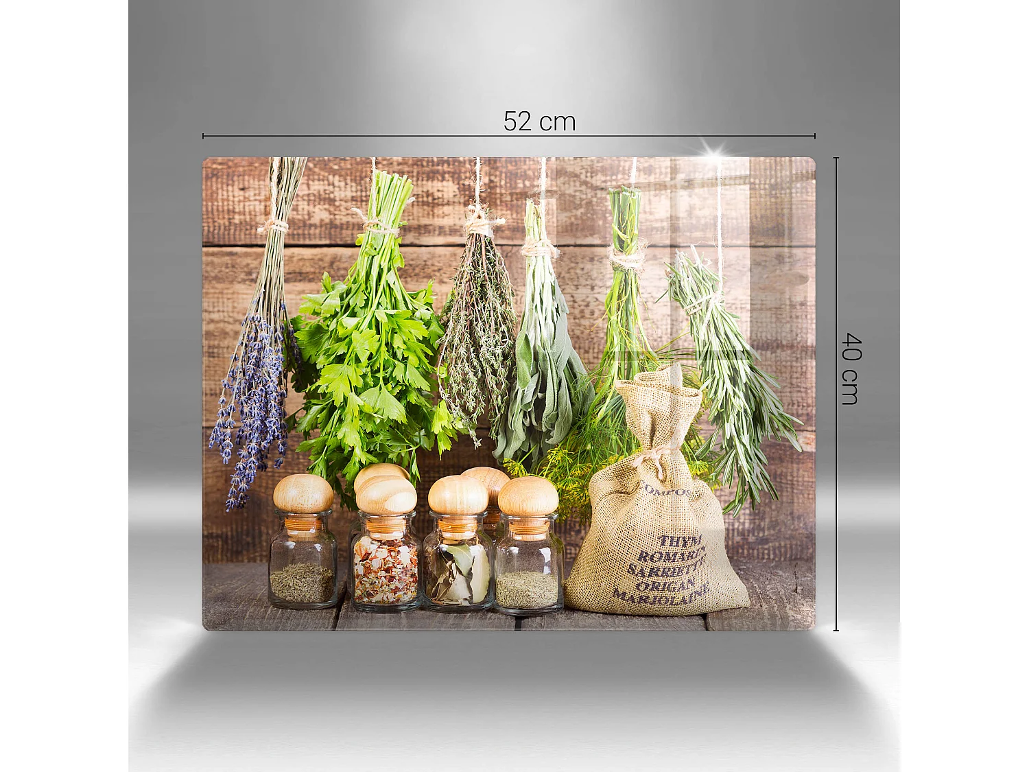 Rechteckiges Küchenbrett aus Glas, 52x40 cm Kräuter, Gewürze und Holz