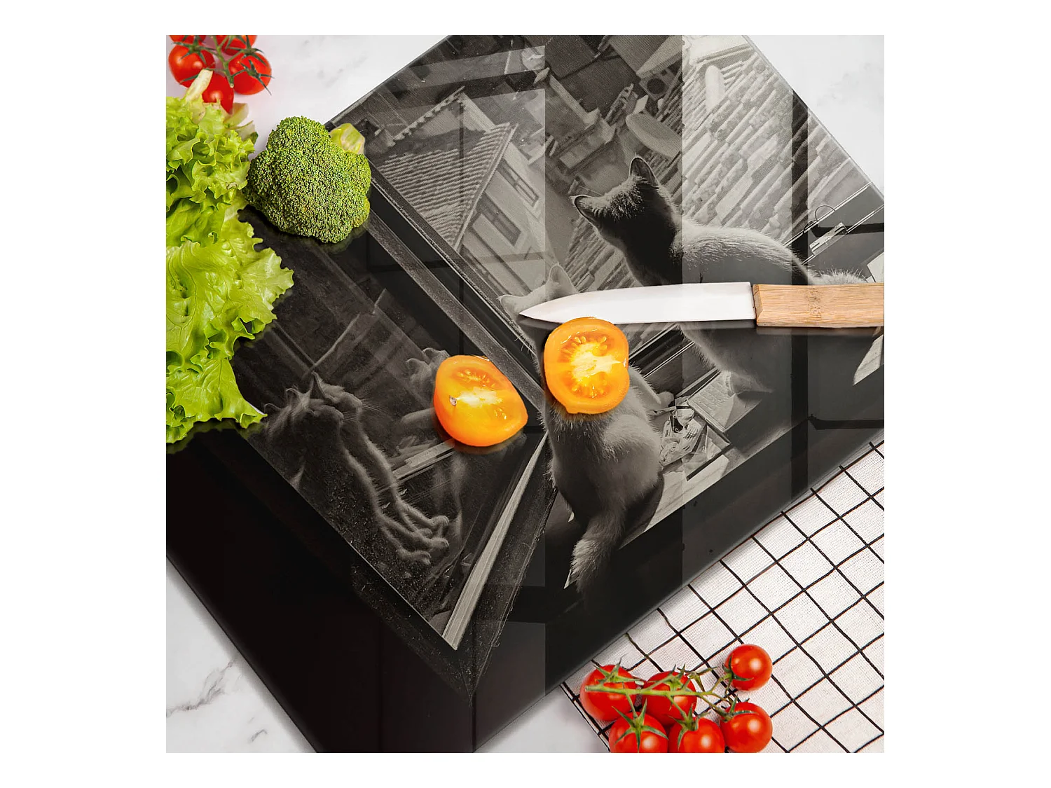 Planche de cuisine rectangulaire en verre, 52x40 cm Chats ville et fenêtre