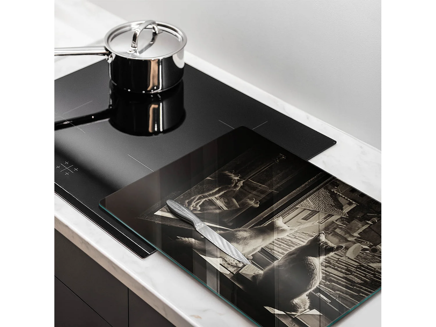 Planche de cuisine rectangulaire en verre, 52x40 cm Chats ville et fenêtre