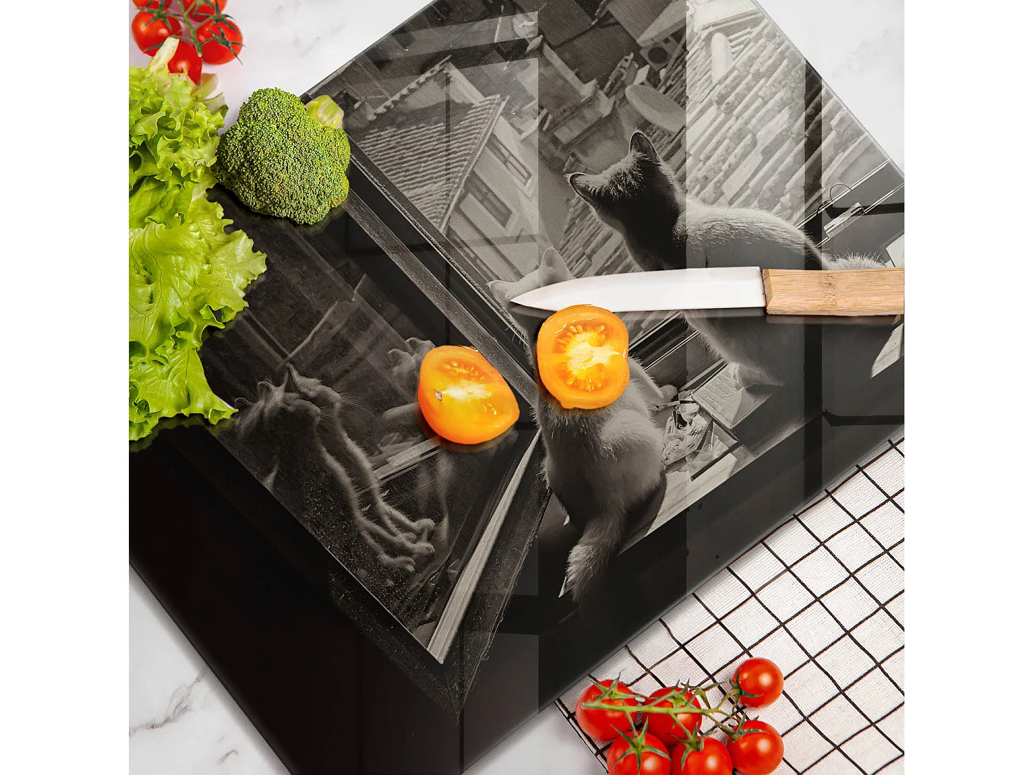 Planche de cuisine rectangulaire en verre, 52x40 cm Chats ville et fenêtre