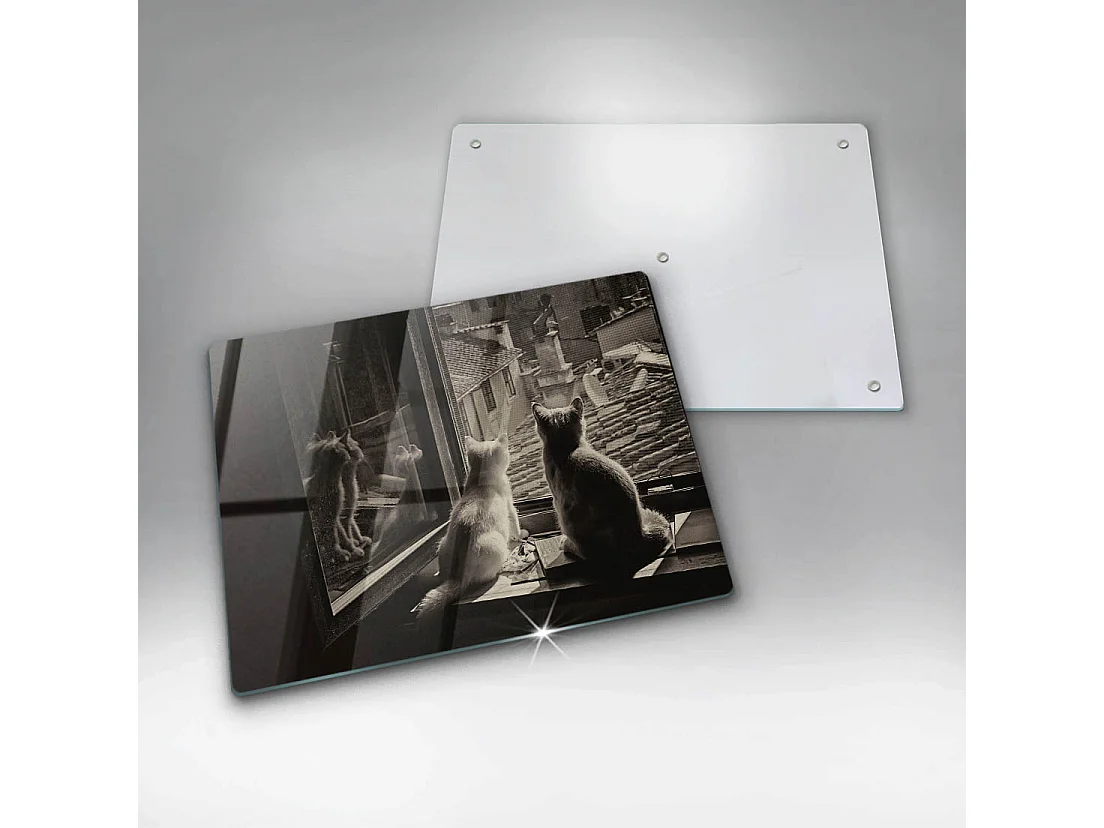 Planche de cuisine rectangulaire en verre, 52x40 cm Chats ville et fenêtre
