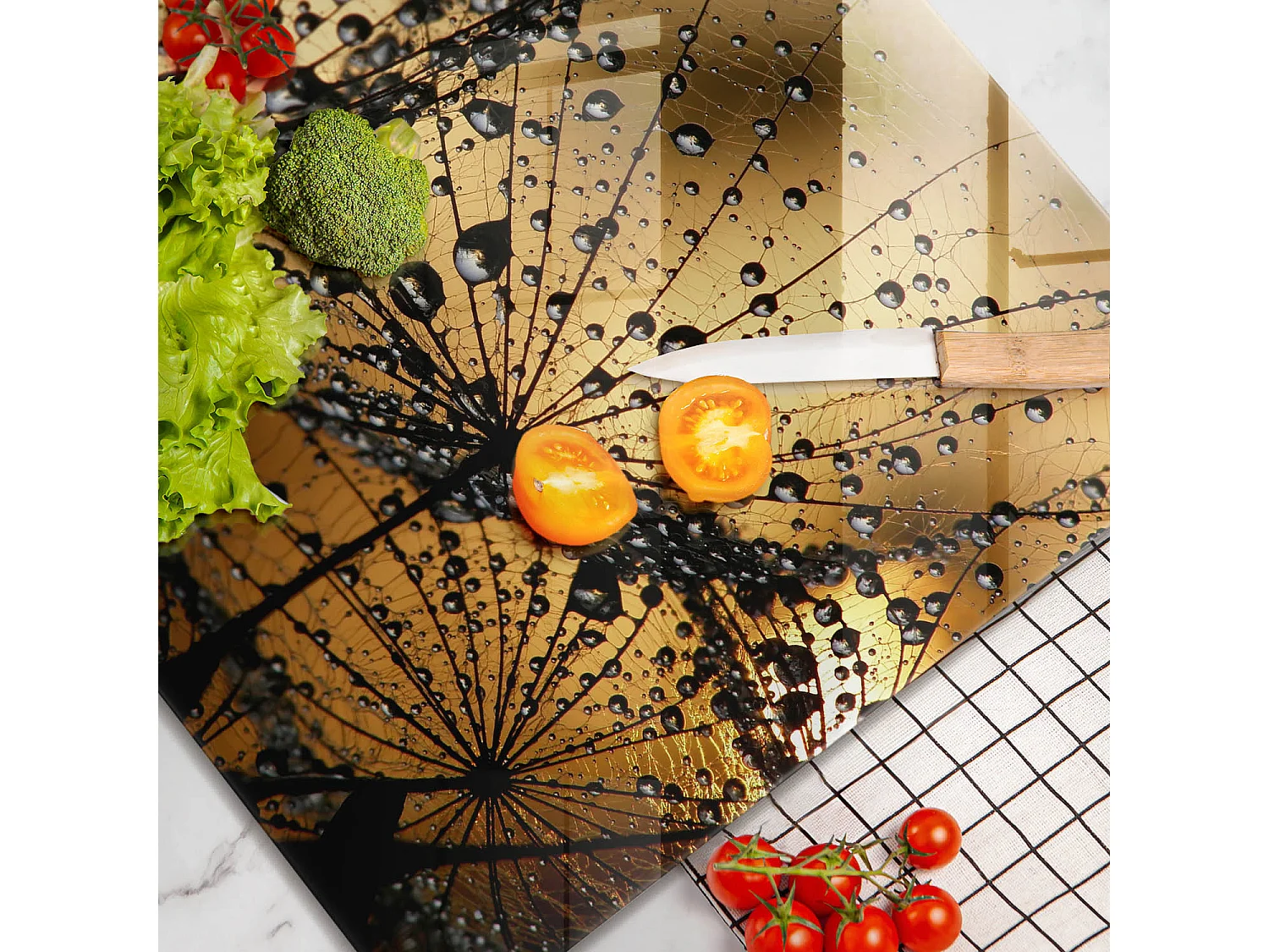 Tagliere da cucina rettangolare in vetro, 60x52 cm Rosa e denti di leone