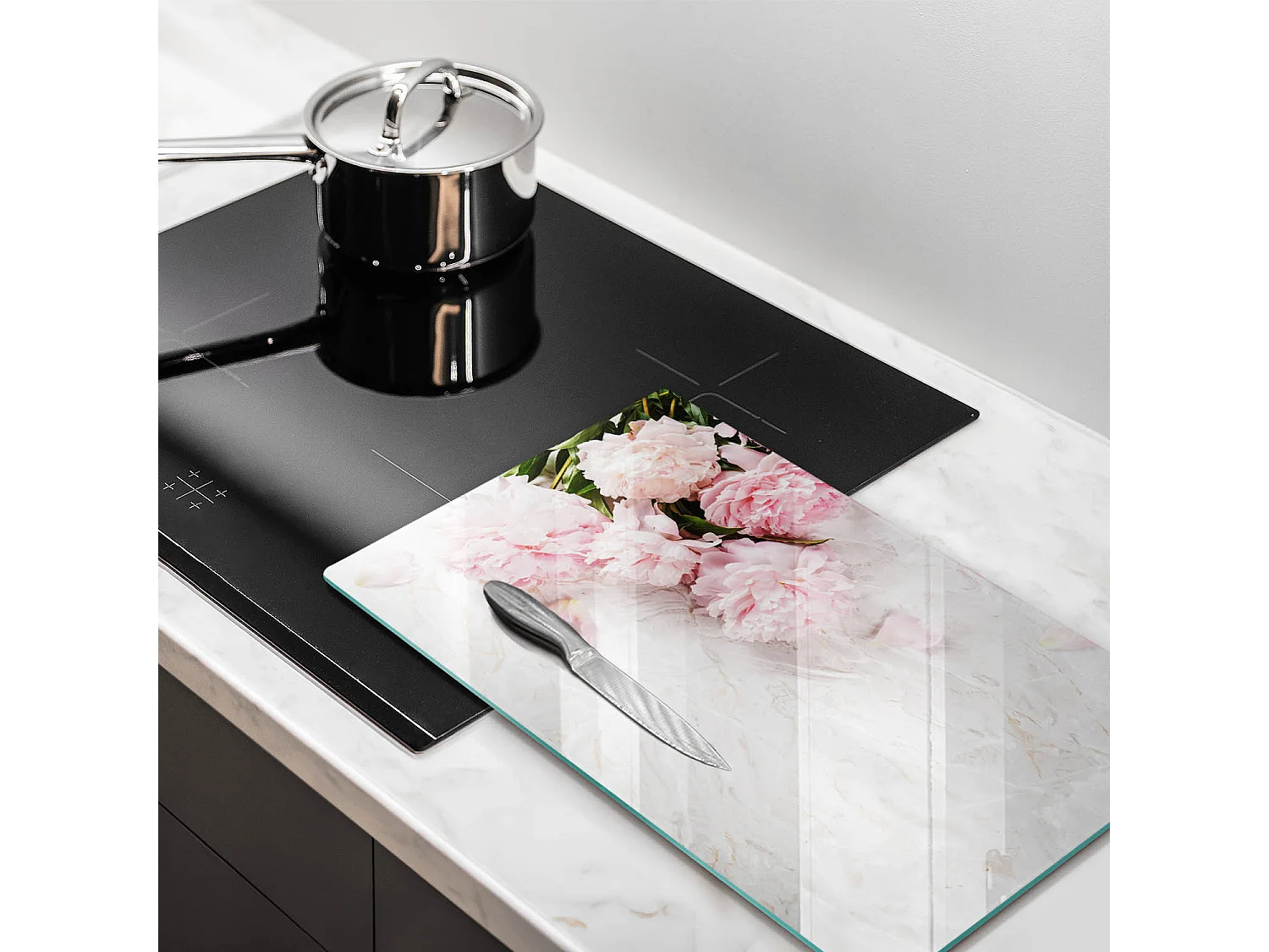 Planche de cuisine rectangulaire en verre, 52x30 cm Fleurs roses délicates