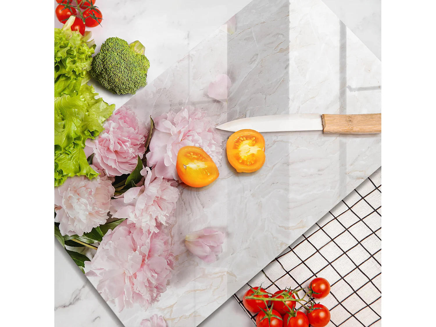 Planche de cuisine rectangulaire en verre, 52x30 cm Fleurs roses délicates