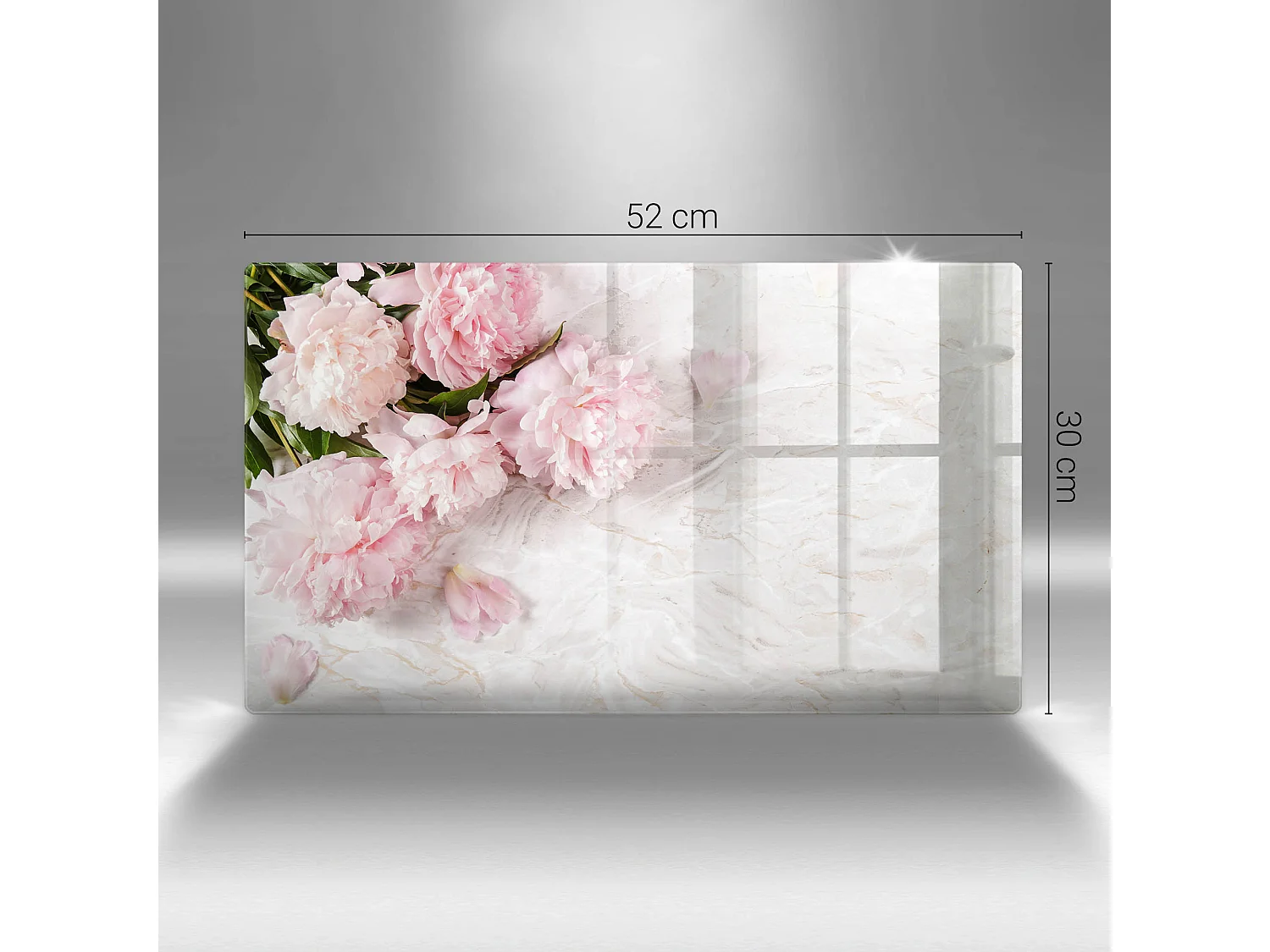 Rechteckiges Küchenbrett aus Glas, 52x30 cm. Zarte rosa Blüten