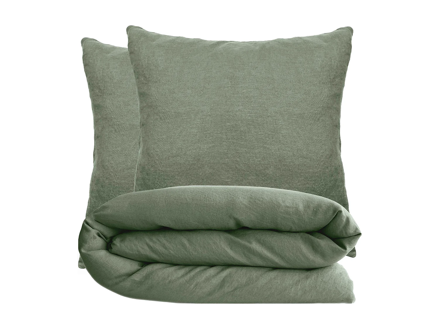 Parure de lit 260x240 cm et 65x65 cm coton lavé PALACE vert mousse 3 pièces