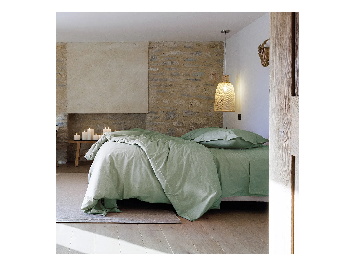 Parure de lit 240x220 cm set 50x70 cm percale MANOIR vert Lichen