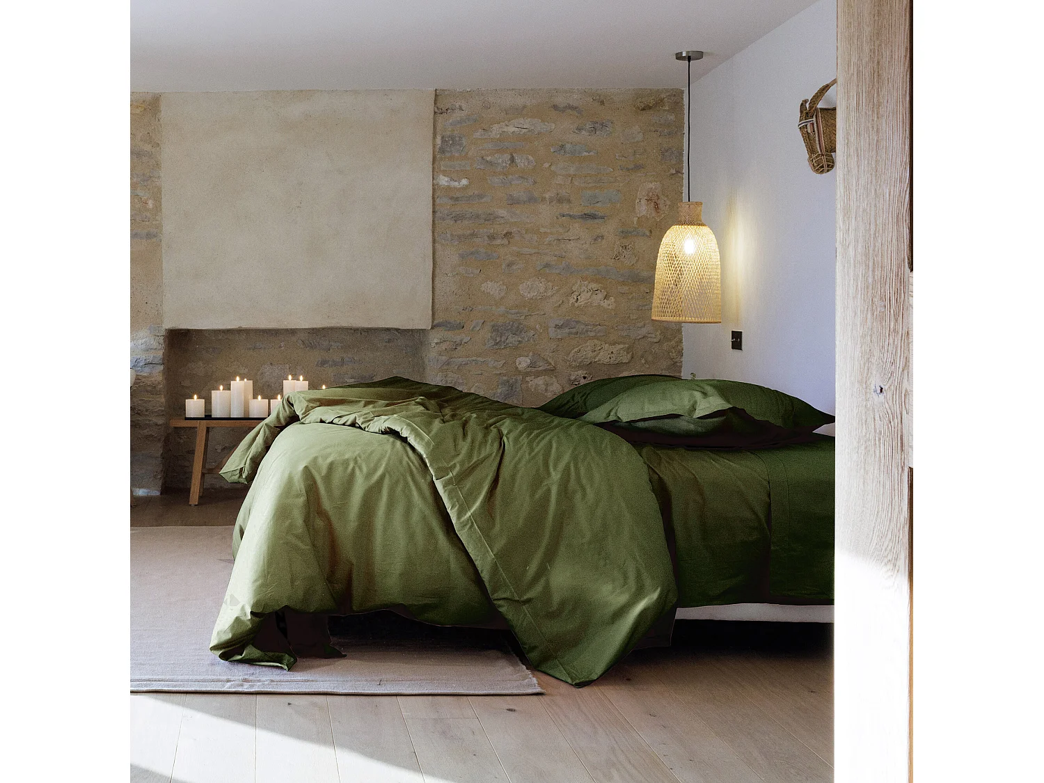 Parure de lit 240x220 cm set 50x70 cm percale MANOIR vert Mousse