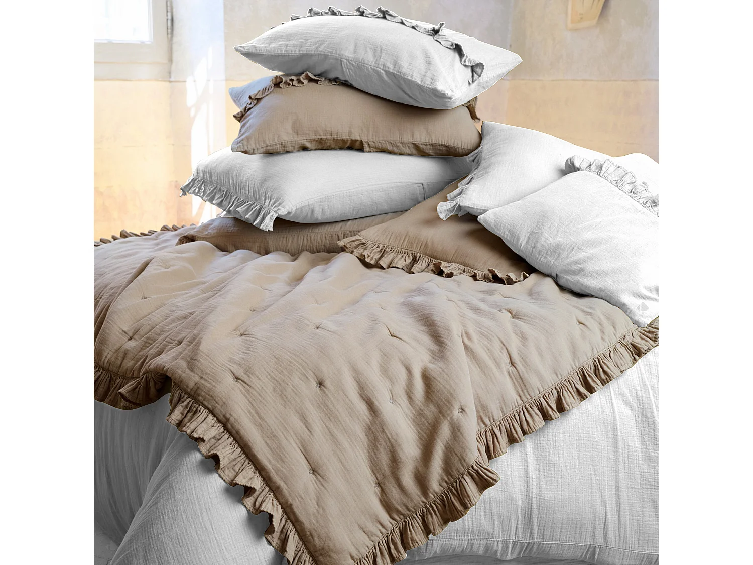 Couverture courtepointe en mousseline de coton 150x150 cm + 5 cm ELZA blanc neige
