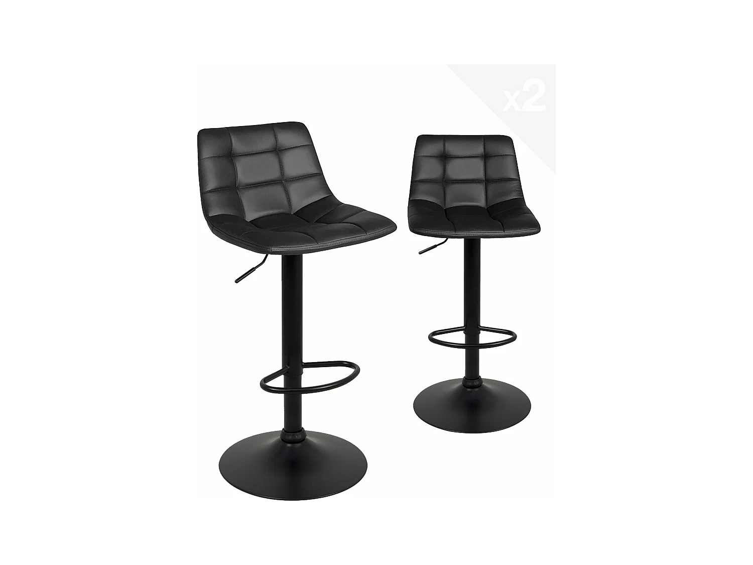Lote de 2 taburetes de bar de diseño, asiento de cuero sintético acolchado con respaldo, giratorio, altura regulable, pata negra SID (negro integral)
