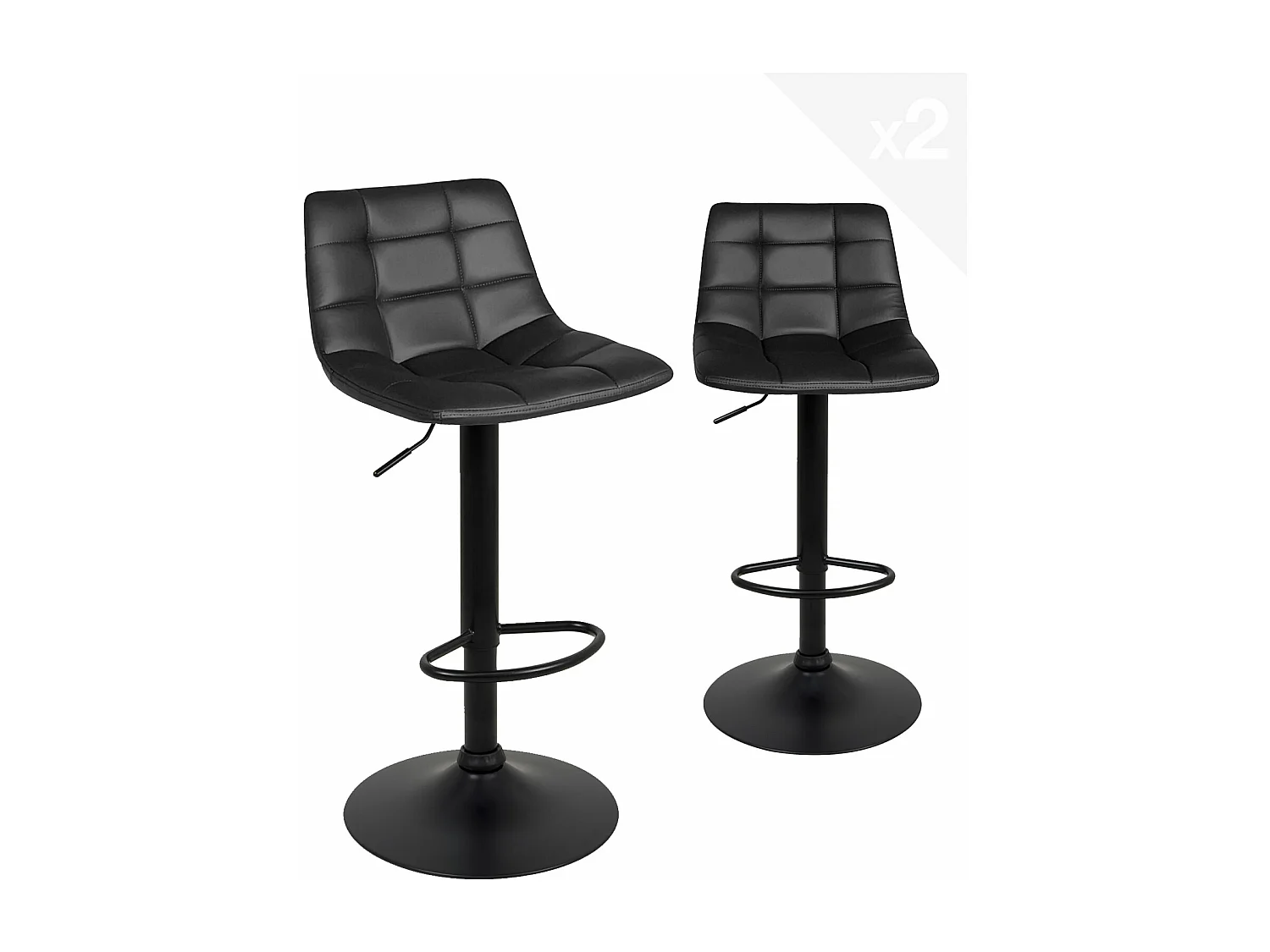 Lot 2 chaises bar, siège simili cuir matelassé, pivotant, réglable, pied noir SID (noir intégral)