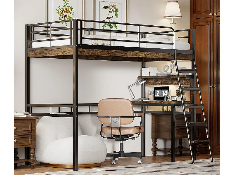 Mezzanine-Bett 90x200cm – mit Schreibtisch + Regalen + Barrieren – Schwarz