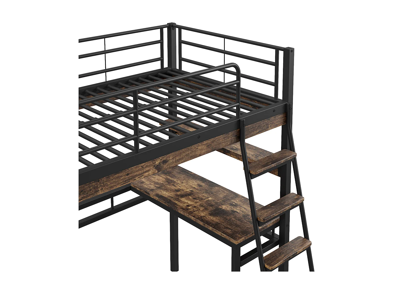 Cama mezanino 90x200cm - com secretária + prateleiras + barreiras - Preto