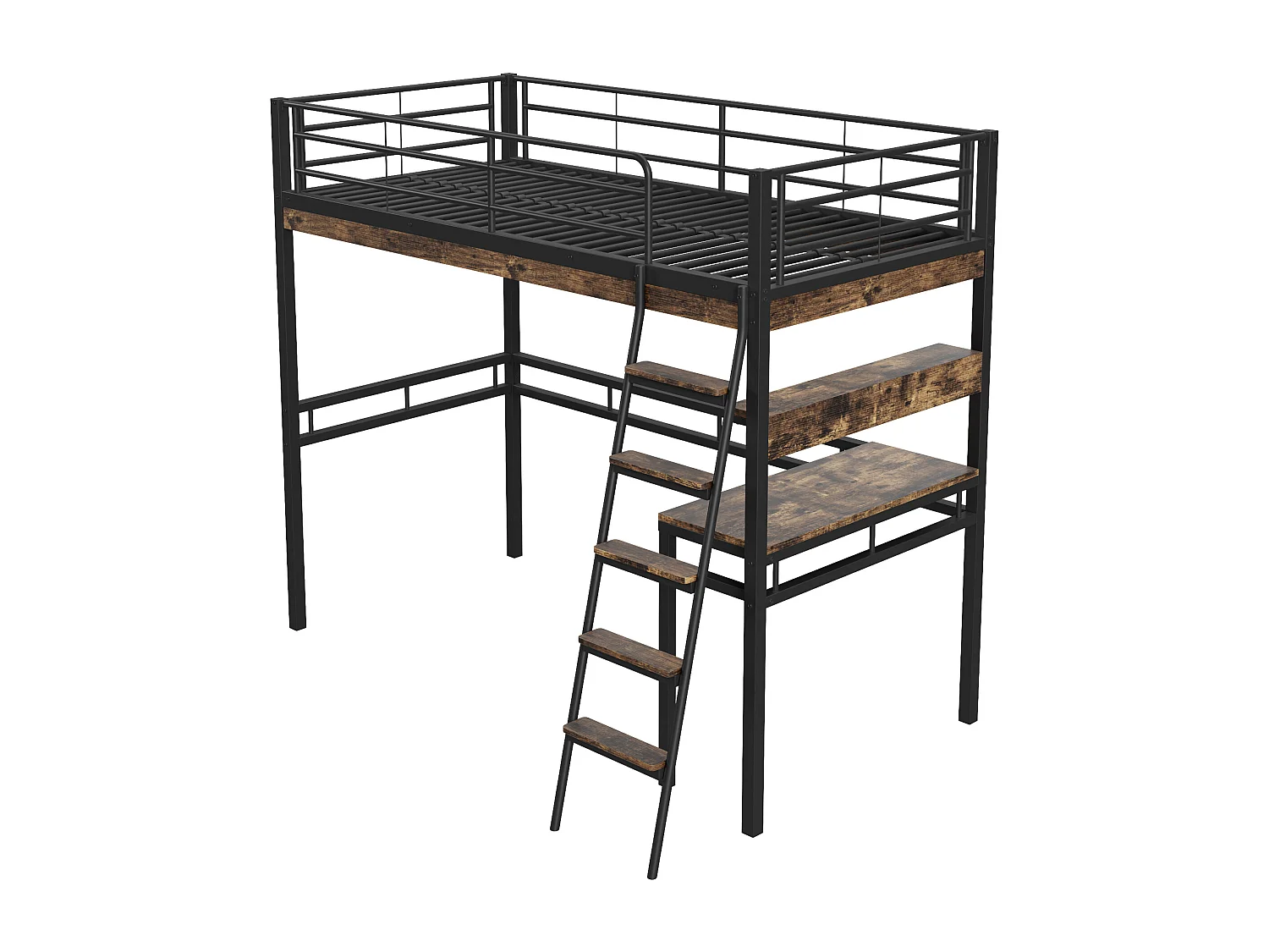 Cama mezanino 90x200cm - com secretária + prateleiras + barreiras - Preto