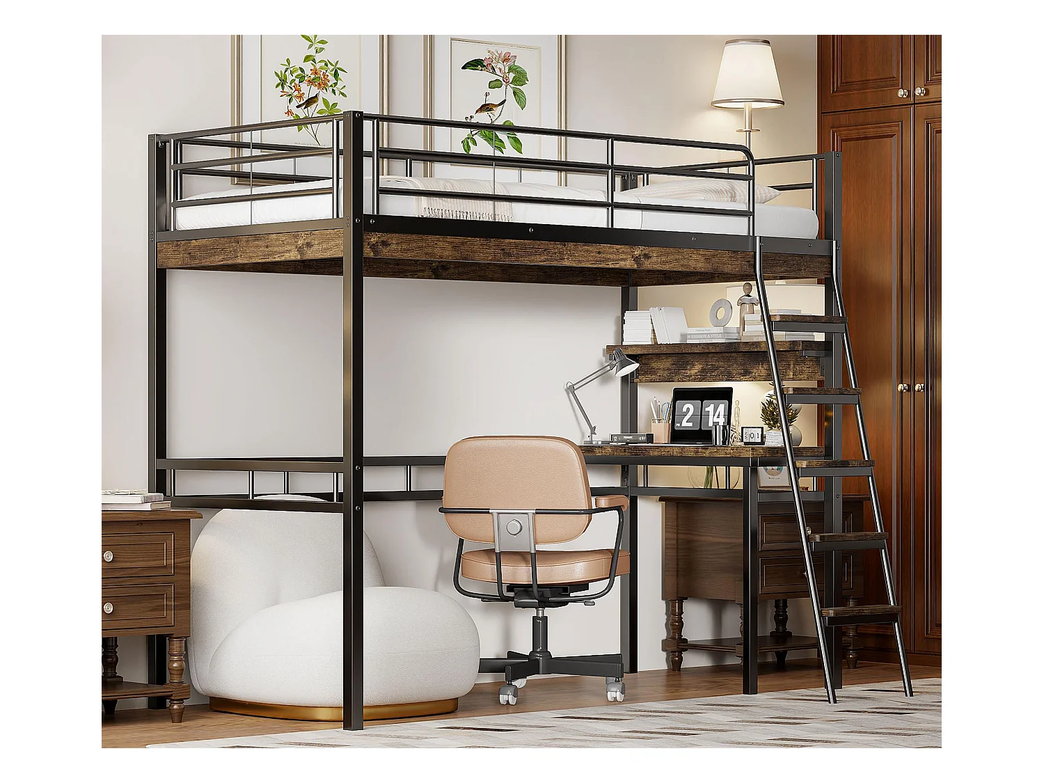 Lit mezzanine 90x200cm - avec bureau + étagères + barrières - Noir