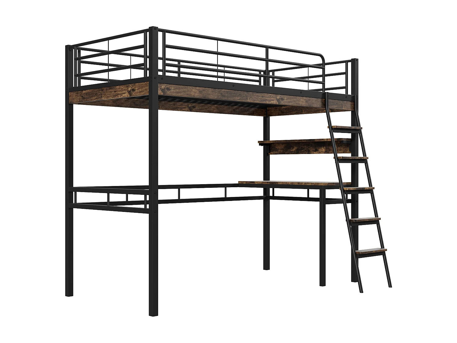 Letto a soppalco 90x200 cm - con scrivania + ripiani + barriere - Nero