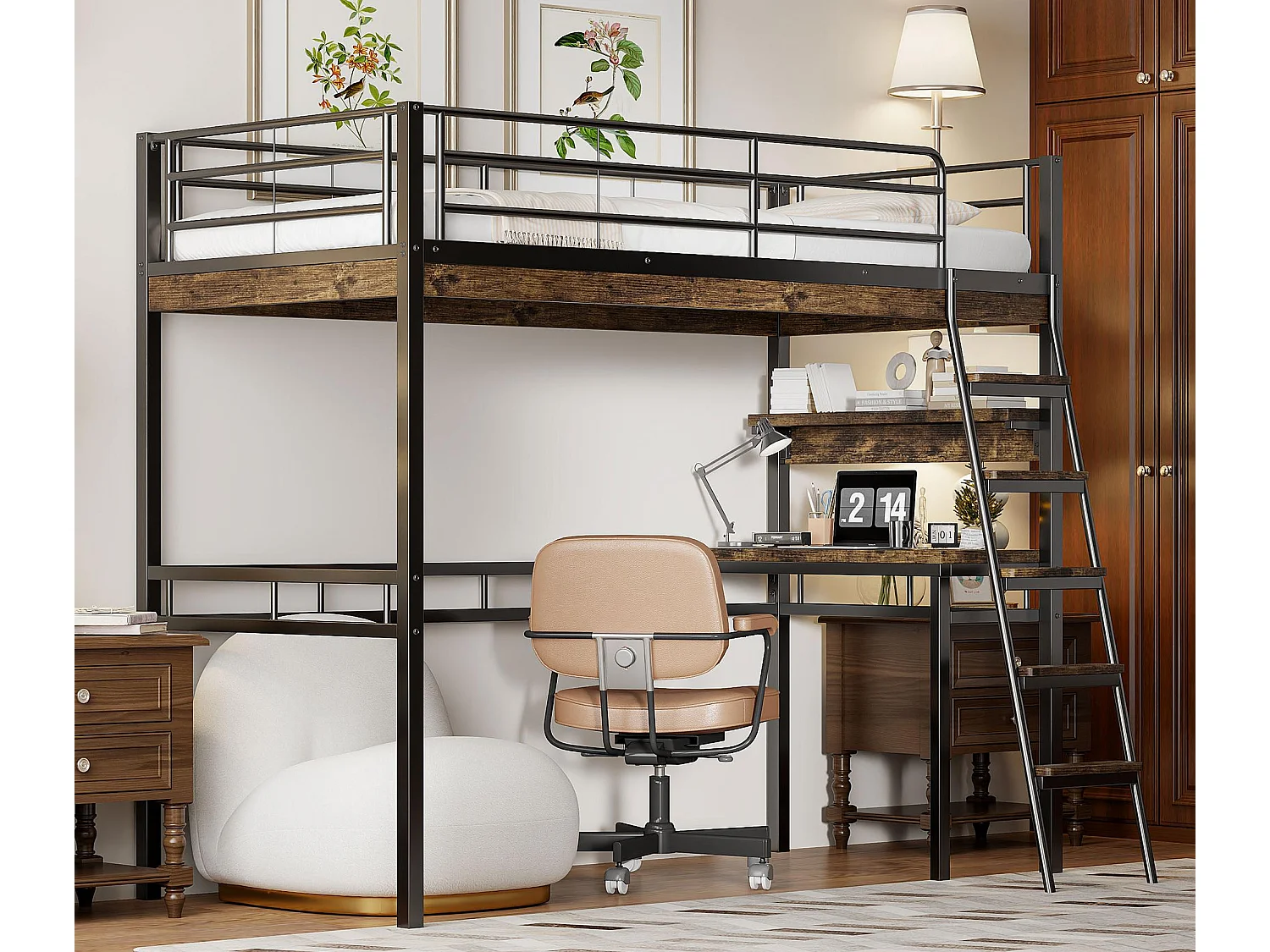 Letto a soppalco 90x200 cm - con scrivania + ripiani + barriere - Nero