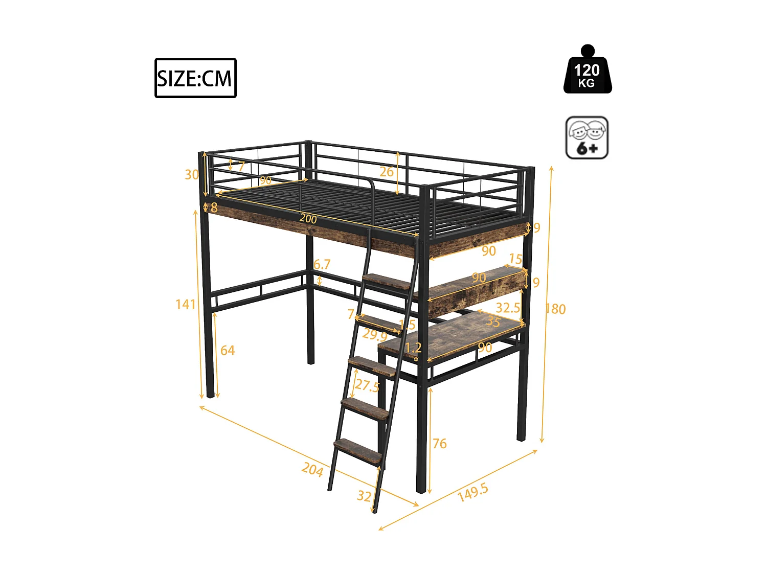 Mezzanine-Bett 90x200cm – mit Schreibtisch + Regalen + Barrieren – Schwarz