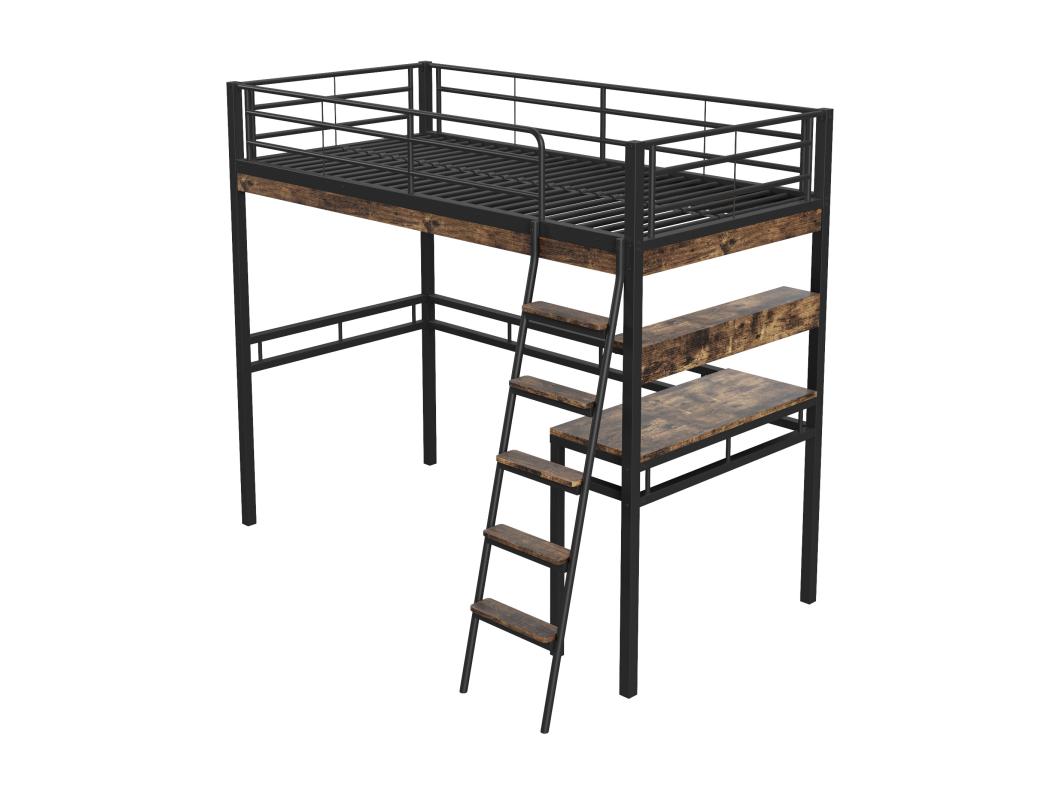 Cama entrepiso 90x200cm - con escritorio + estantes + barreras - Negro