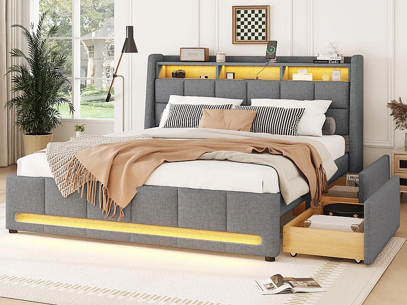 Tweepersoonsbed 140x200cm linnen stof - met 2 laden + LED + USB-aansluiting - Grijs