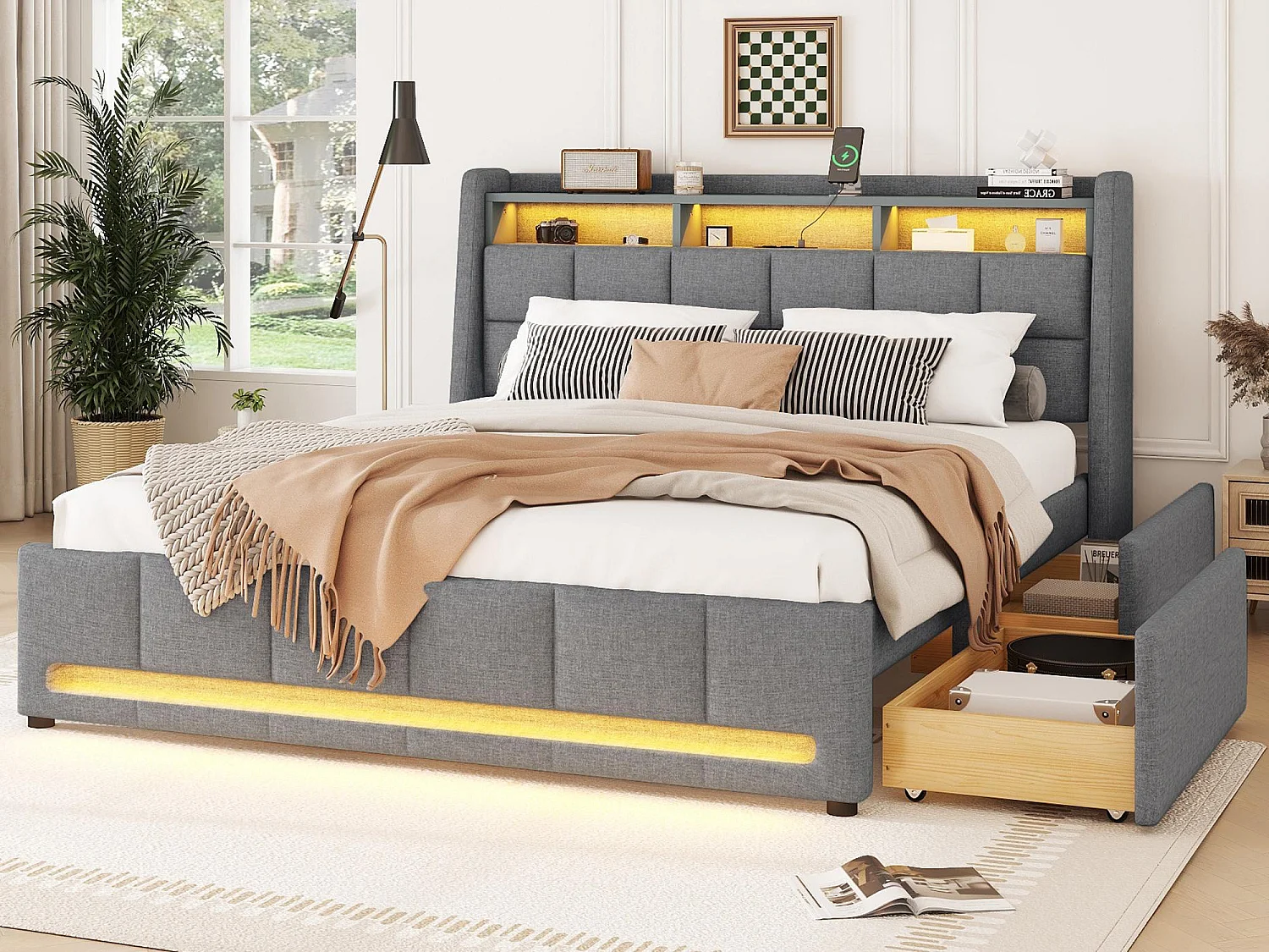 Doppelbett 140 x 200 cm aus Leinenstoff – mit 2 Schubladen + LED + USB-Buchse – Grau