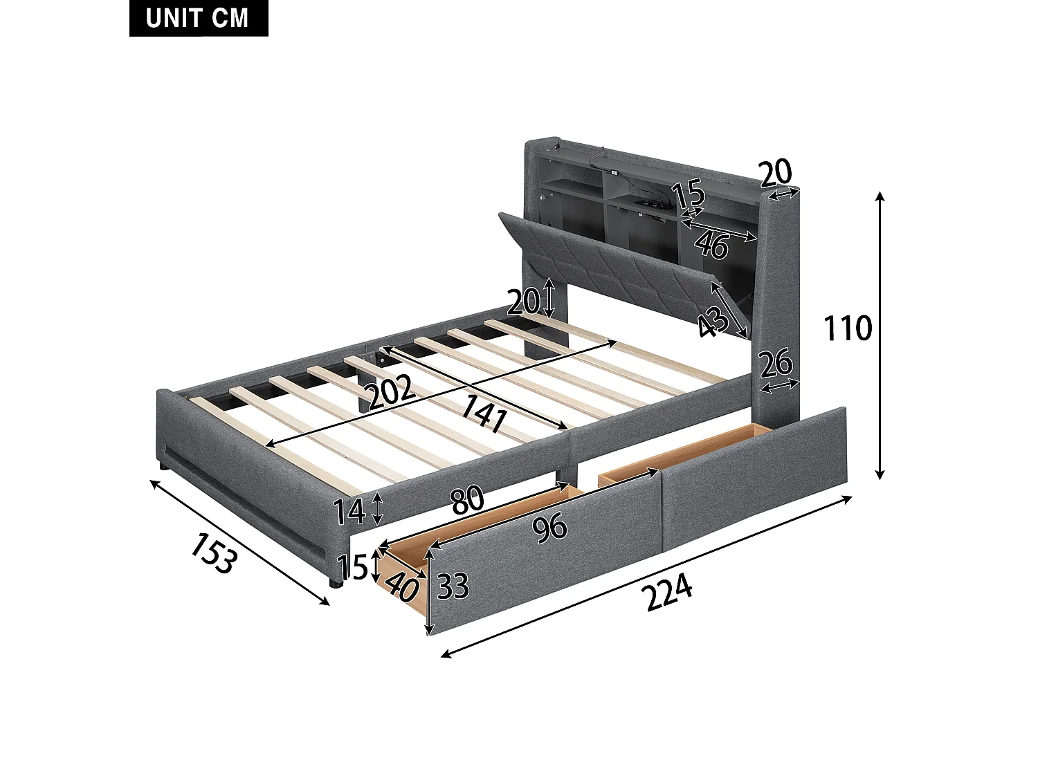 Doppelbett 140 x 200 cm aus Leinenstoff – mit 2 Schubladen + LED + USB-Buchse – Grau