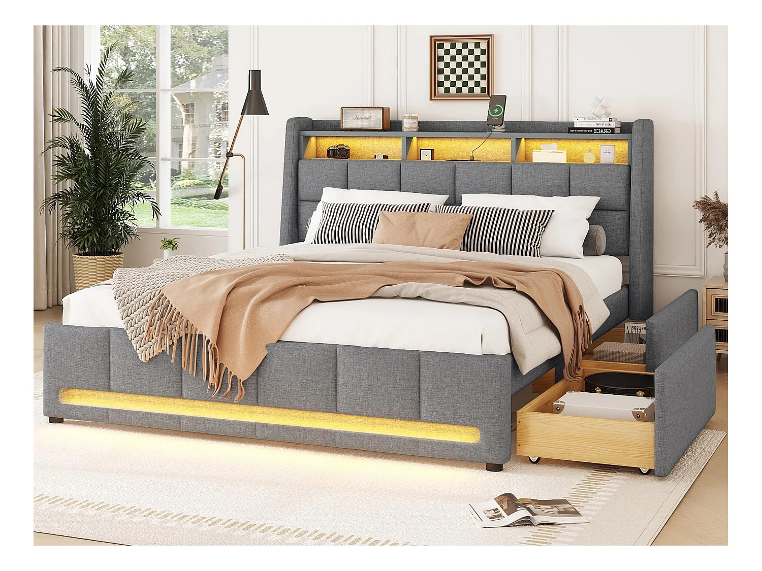 Lit double 140x200cm tissu en lin - avec 2 tiroirs + LED + prise USB - Gris