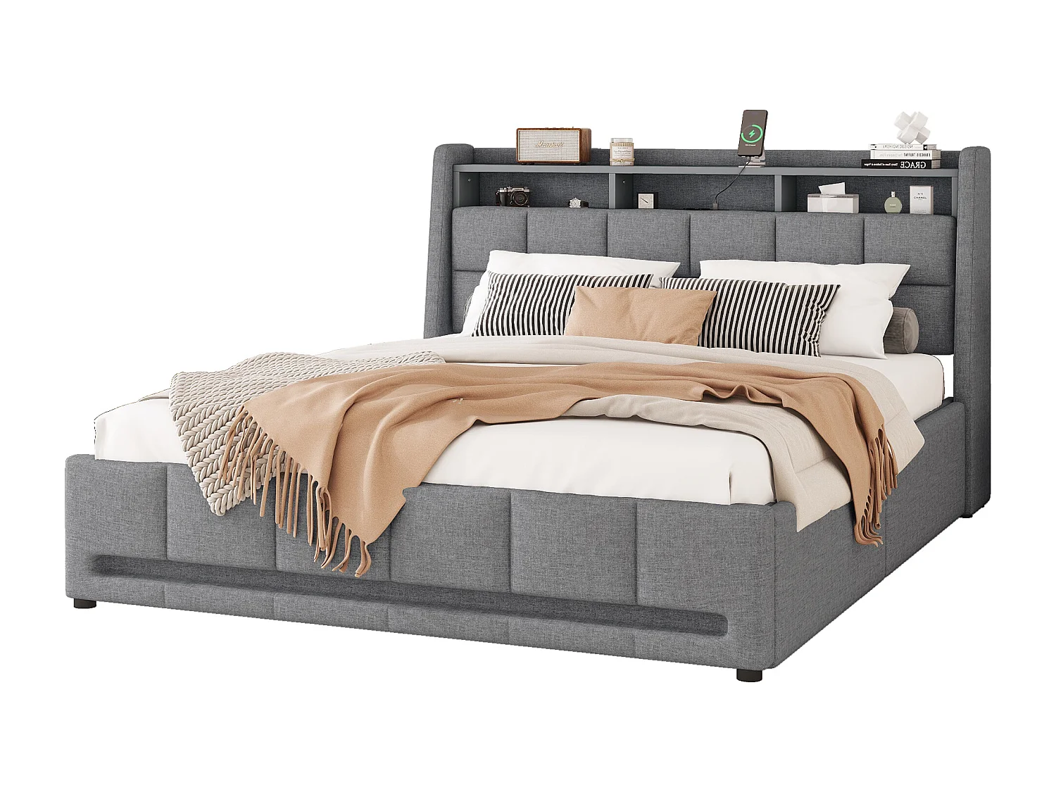 Lit double 140x200cm tissu en lin - avec 2 tiroirs + LED + prise USB - Gris