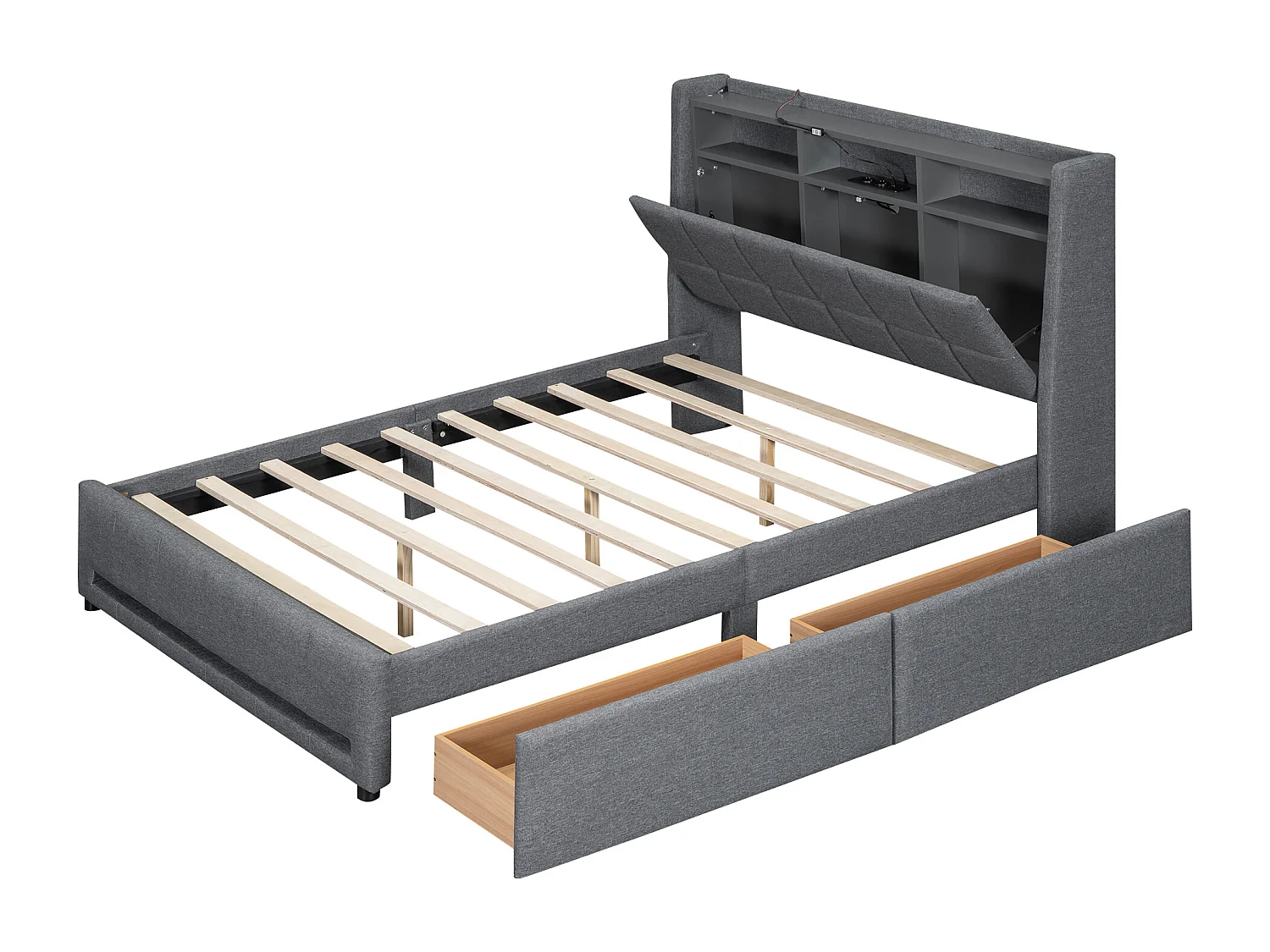 Lit double 140x200cm tissu en lin - avec 2 tiroirs + LED + prise USB - Gris