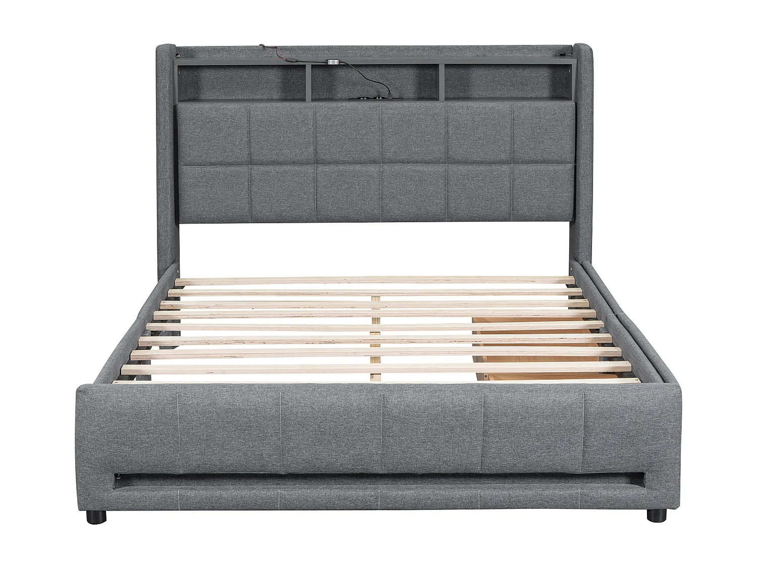 Lit double 140x200cm tissu en lin - avec 2 tiroirs + LED + prise USB - Gris