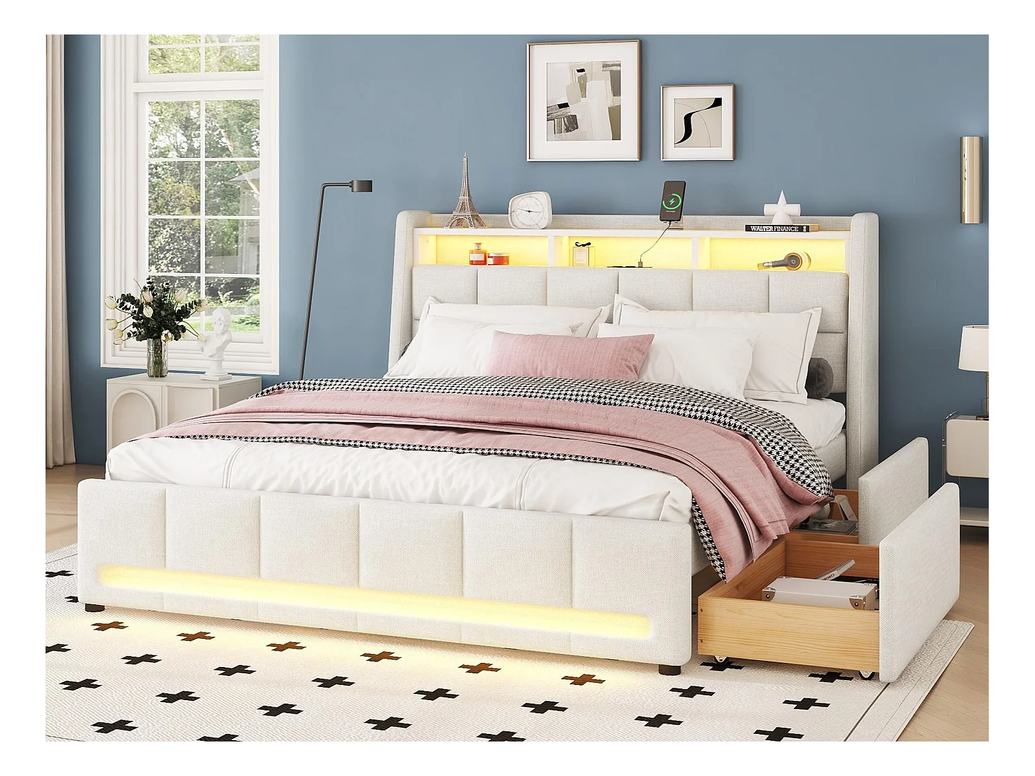 Lit double 140x200cm tissu en lin - avec 2 tiroirs + LED + prise USB - Beige