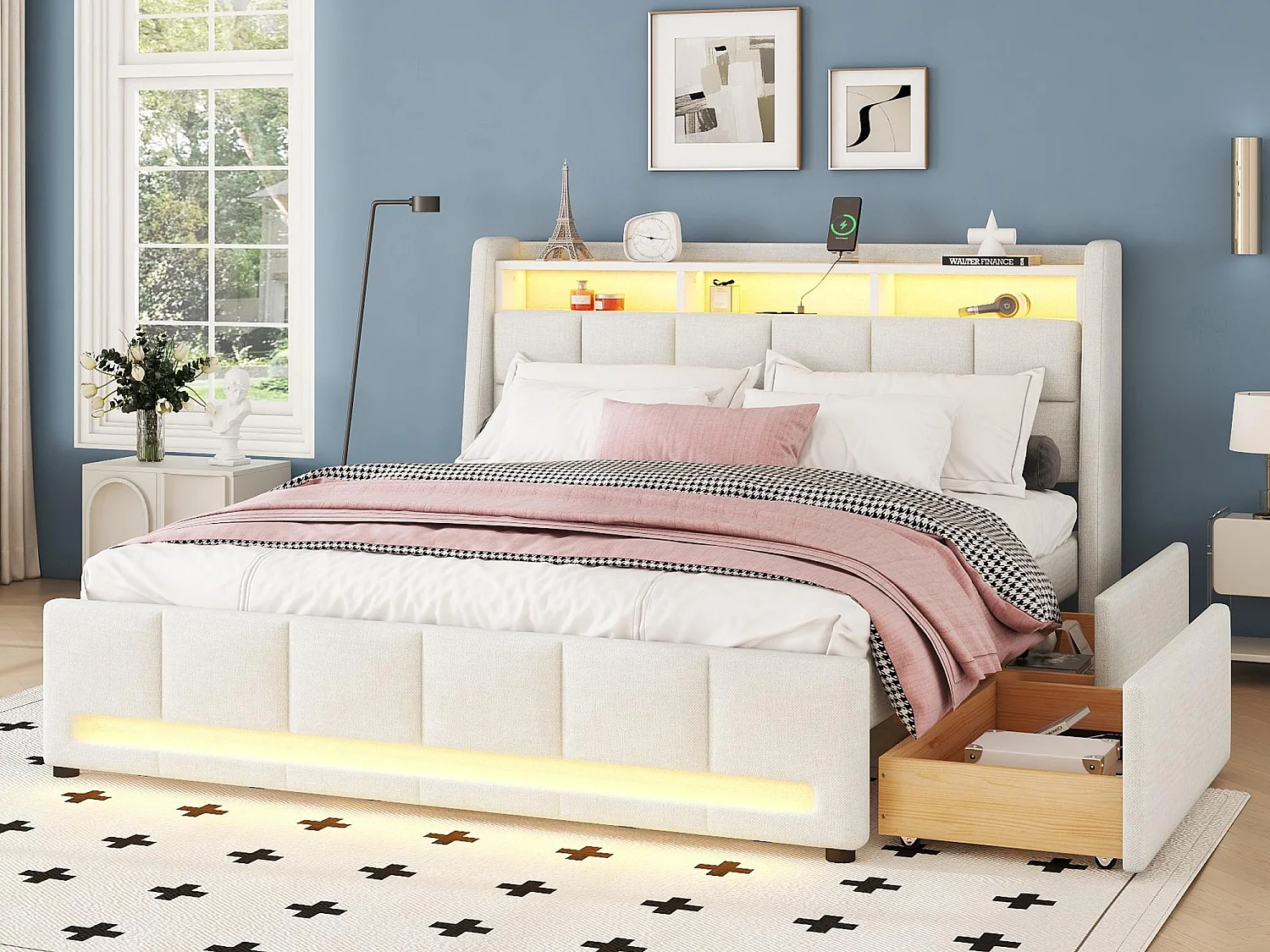 Lit double 140x200cm tissu en lin - avec 2 tiroirs + LED + prise USB - Beige